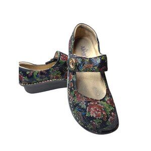 Alegria Womens Mary Jane Style Floral Comfort Shoes With Button Strap